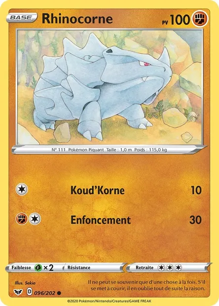 Rhinocorne, carte Pokémon SSH 96 — extension Épée et Bouclier