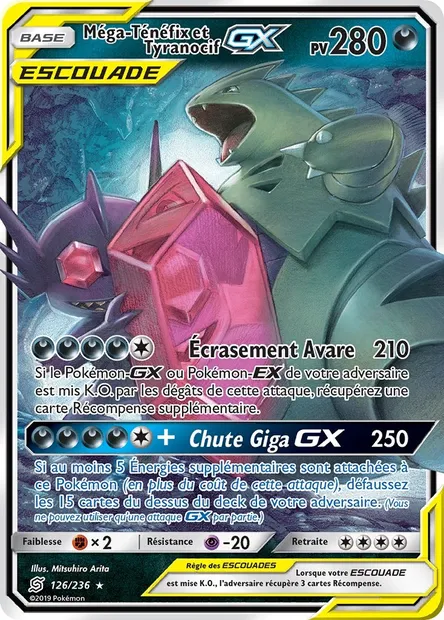 Méga-Ténéfix et Tyranocif GX, carte Pokémon UNM 126 — extension Harmonie des Esprits