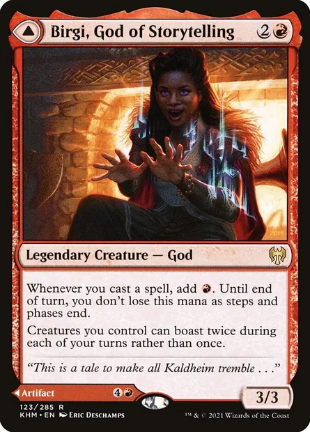 Birgi, God of Storytelling // Harnfel, Horn of Bounty, Magic card KHM 123 — Kaldheim set
