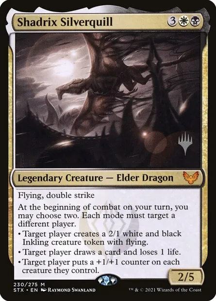 Shadrix Plumargent, carte Magic PSTX 230p — extension Strixhaven: School of Mages Promos