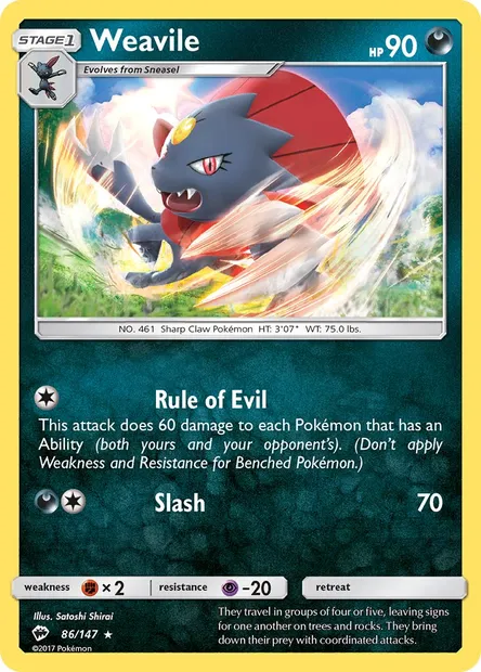 Weavile, Pokémon card BUS 86 — Burning Shadows set