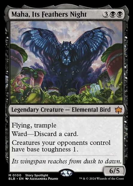 Maha, Its Feathers Night, Magic card PBLB 100p — Bloomburrow Promos set