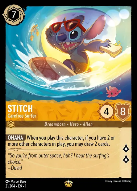 Stitch - Carefree Surfer, Disney Lorcana card CH1-021 — The First Chapter set