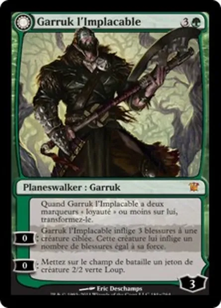 Garruk l'Implacable // Garruk maudit par le Voile, carte Magic ISD 181 — extension Innistrad