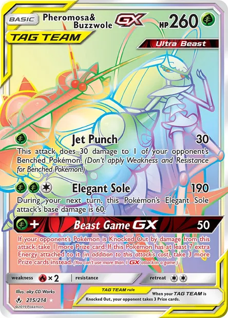 Pheromosa & Buzzwole GX, Pokémon card UNB 215 — Unbroken Bonds set