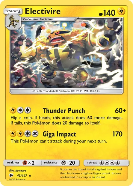 Electivire, Pokémon card BUS 43 — Burning Shadows set
