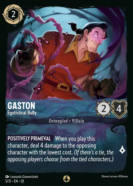 Gaston - Egotistical Bully, Disney Lorcana card Q1-005 — Illumineer's Quest: Deep Trouble set