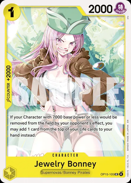 Jewelry Bonney, One Piece card OP15-105 — ADVENTURE ON KAMI’S ISLAND set