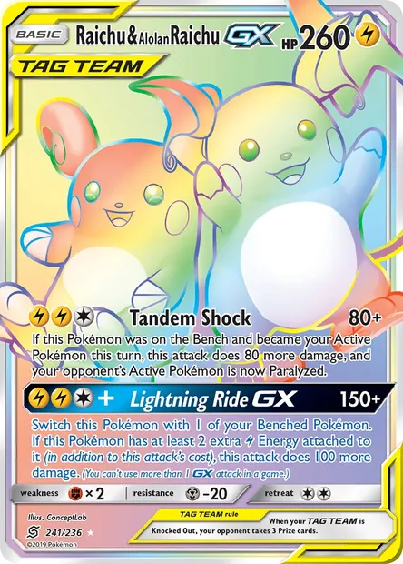 Raichu & Alolan Raichu GX, Pokémon card UNM 241 — Unified Minds set