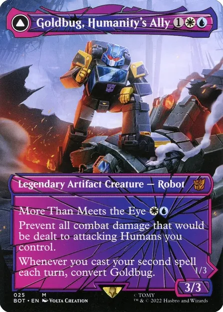 Goldbug, Humanity's Ally // Goldbug, Scrappy Scout, Magic card BOT 25 — Transformers set