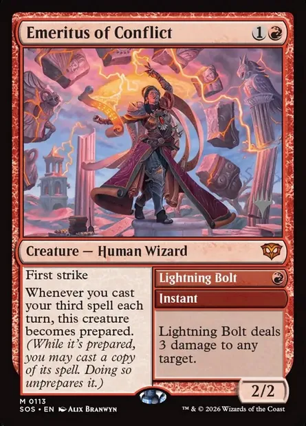 Émérite du conflit // Lightning Bolt, carte Magic PSOS 113p — extension Secrets of Strixhaven Promos
