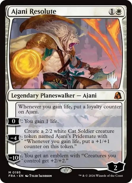 Ajani résolu, carte Magic PFRA 195p — extension Reality Fracture Promos