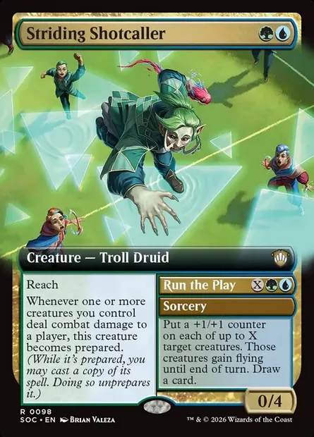 Striding Shotcaller // Run the Play, Magic card SOC 98 — Secrets of Strixhaven Commander set