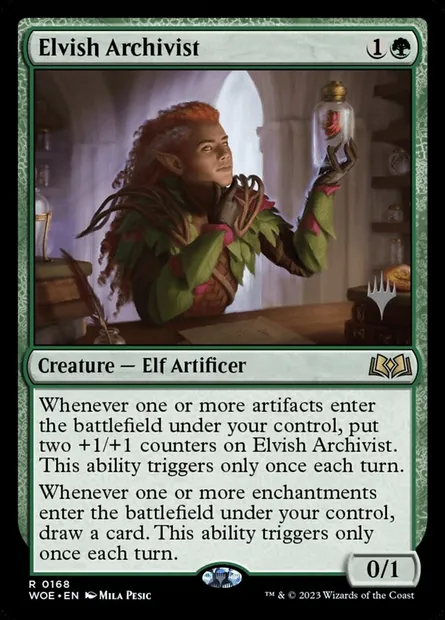 Archiviste elfe, carte Magic PWOE 168p — extension Wilds of Eldraine Promos