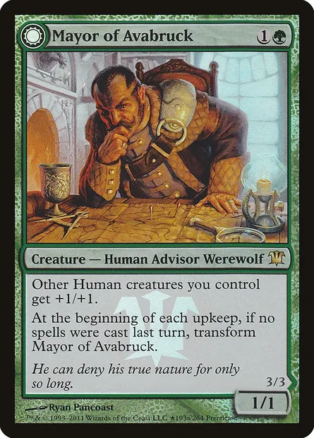 Maire d'Avabruck // Alpha hurlemeute, carte Magic PISD 193★ — extension Innistrad Promos