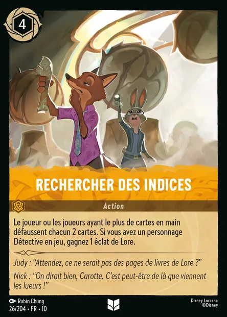 Rechercher des indices, carte Disney Lorcana CH10-026 — extension Lueurs dans les Profondeurs