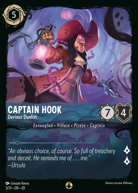 Captain Hook - Devious Duelist, Disney Lorcana card Q1-003 — Illumineer's Quest: Deep Trouble set