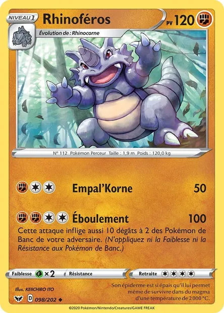 Rhinoféros, carte Pokémon SSH 98 — extension Épée et Bouclier