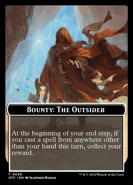 Bounty: The Outsider // Wanted!, carte Magic TOTC 36 — extension Outlaws of Thunder Junction Commander Tokens