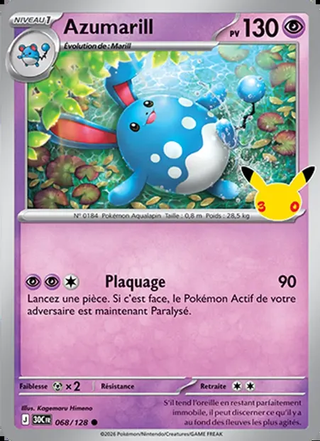 Azumarill, carte Pokémon 30C 068 — extension 30ᵉ Anniversaire