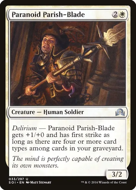 Paranoid Parish-Blade, Magic card SOI 33 — Shadows over Innistrad set