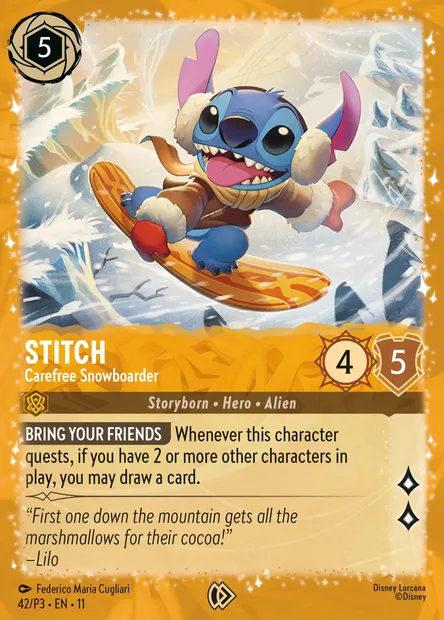 Stitch - Carefree Snowboarder, Disney Lorcana card P3-042 — P3 set