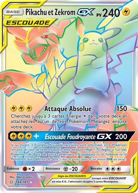 Pikachu et Zekrom GX, carte Pokémon TEU 184 — extension Duo de Choc