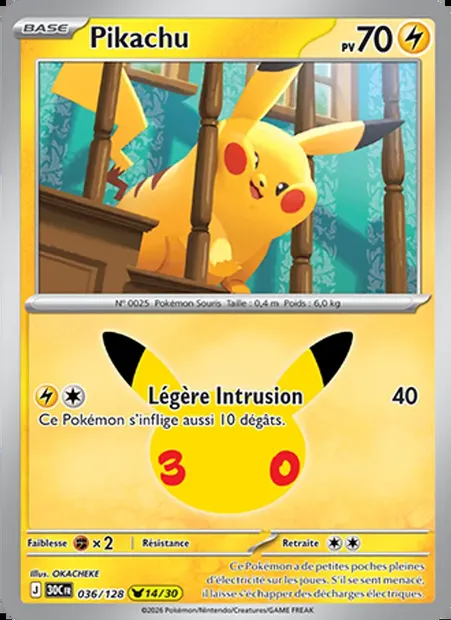 Pikachu, carte Pokémon 30C 036 — extension 30ᵉ Anniversaire