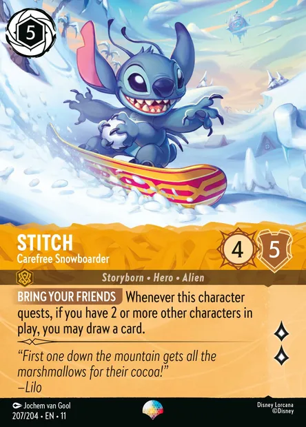 Stitch - Carefree Snowboarder, Disney Lorcana card CH11-207 — Winterspell set