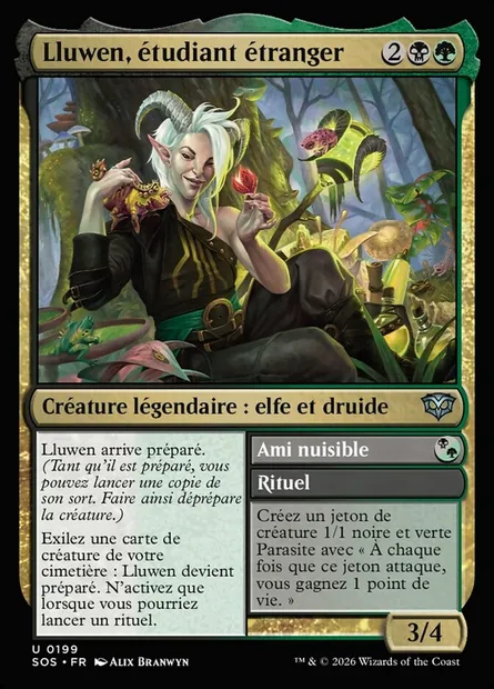 Lluwen, étudiant étranger // Pest Friend, carte Magic SOS 199 — extension Secrets of Strixhaven
