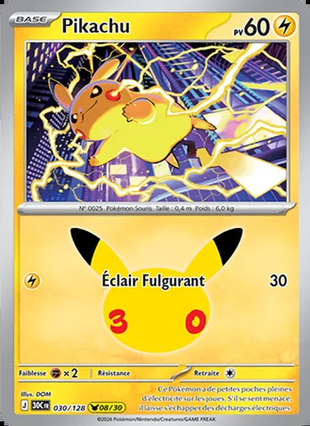 Pikachu, carte Pokémon 30C 030 — extension 30ᵉ Anniversaire