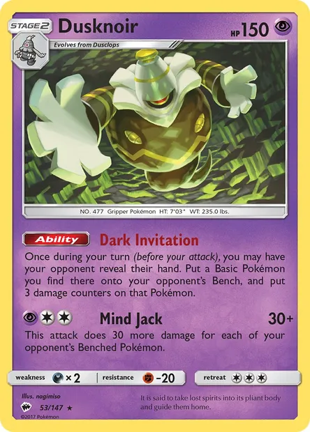 Dusknoir, Pokémon card BUS 53 — Burning Shadows set
