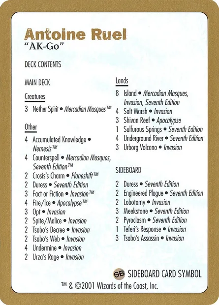 Antoine Ruel Decklist, Magic card WC01 ar0b — World Championship Decks 2001 set