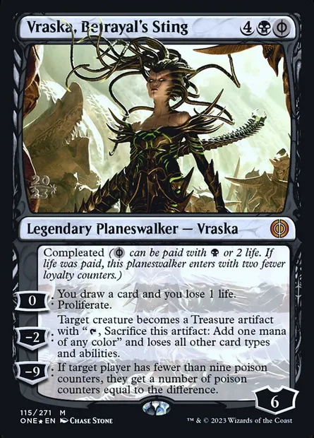 Vraska, la piqûre de trahison, carte Magic PONE 115s — extension Phyrexia: All Will Be One Promos