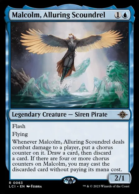 Malcolm, Alluring Scoundrel, Magic card PLCI 63p — The Lost Caverns of Ixalan Promos set