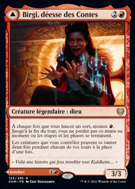 Birgi, déesse des Contes // Harnfel, corne d'abondance, carte Magic KHM 123 — extension Kaldheim