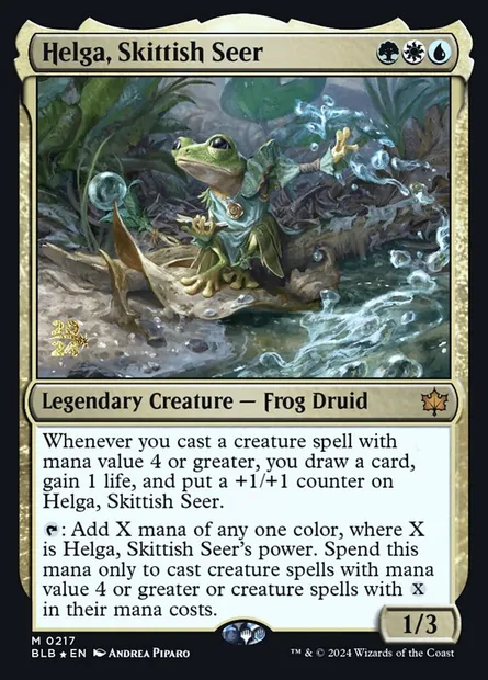 Helga, Skittish Seer, Magic card PBLB 217s — Bloomburrow Promos set