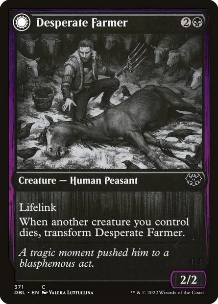 Fermier désespéré // Moissonneur dépravé, carte Magic DBL 371 — extension Innistrad : Double Programme