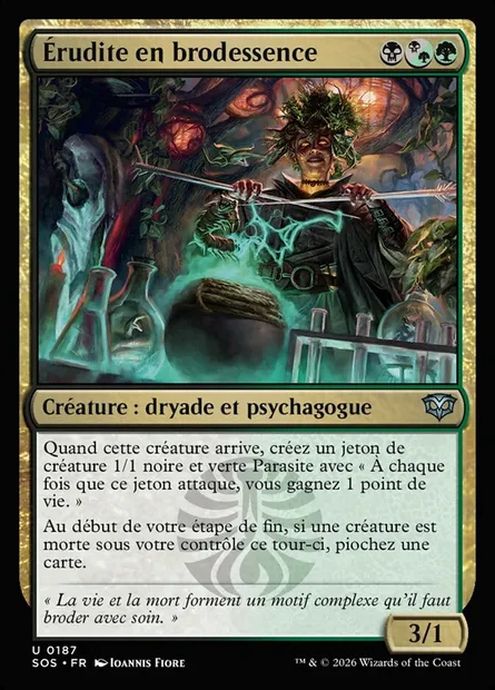 Érudite en brodessence, carte Magic SOS 187 — extension Secrets of Strixhaven