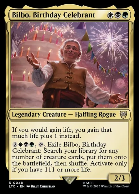 Bilbo, Birthday Celebrant, Magic card LTC 48 — Tales of Middle-earth Commander set
