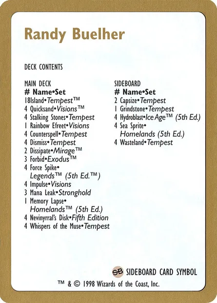 Randy Buehler Decklist, Magic card WC98 rb0b — World Championship Decks 1998 set