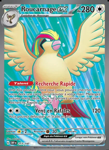 Roucarnage-ex, carte Pokémon OBF 217 — extension Flammes Obsidiennes