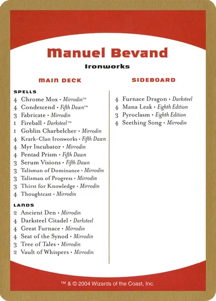 Manuel Bevand Decklist, carte Magic WC04 mb0b — extension World Championship Decks 2004