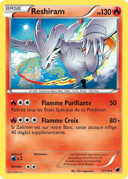 Reshiram, carte Pokémon PLF 17 — extension Glaciation Plasma