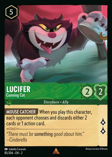 Lucifer - Cunning Cat, Disney Lorcana card CH2-085 — Rise of the Floodborn set