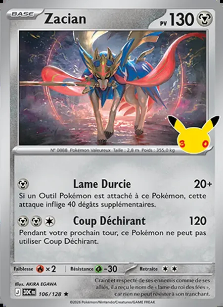 Zacian, carte Pokémon 30C 106 — extension 30ᵉ Anniversaire