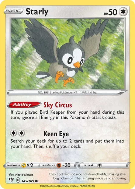 Starly, Pokémon card DAA 145 — Darkness Ablaze set