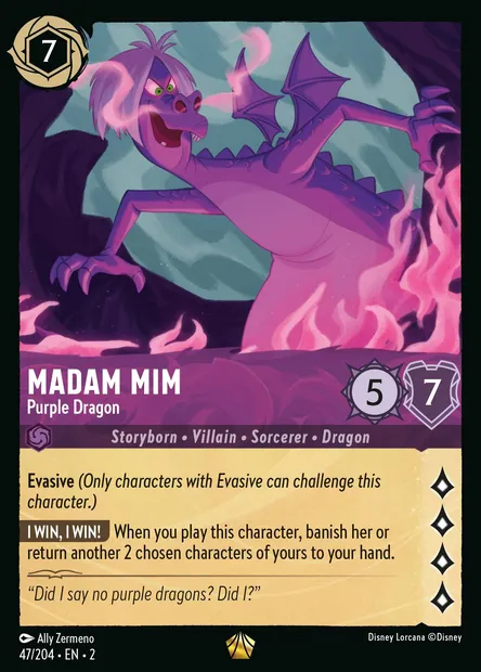 Madam Mim - Purple Dragon, Disney Lorcana card CH2-047 — Rise of the Floodborn set
