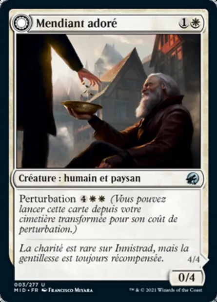Mendiant adoré // Âme généreuse, carte Magic MID 3 — extension Innistrad : chasse de minuit