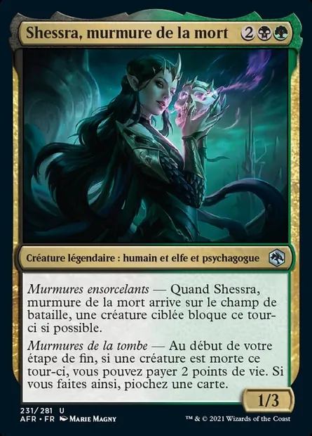 Shessra, murmure de la mort, carte Magic AFR 231 — extension Forgotten Realms: Aventures dans les Royaumes Oubliés